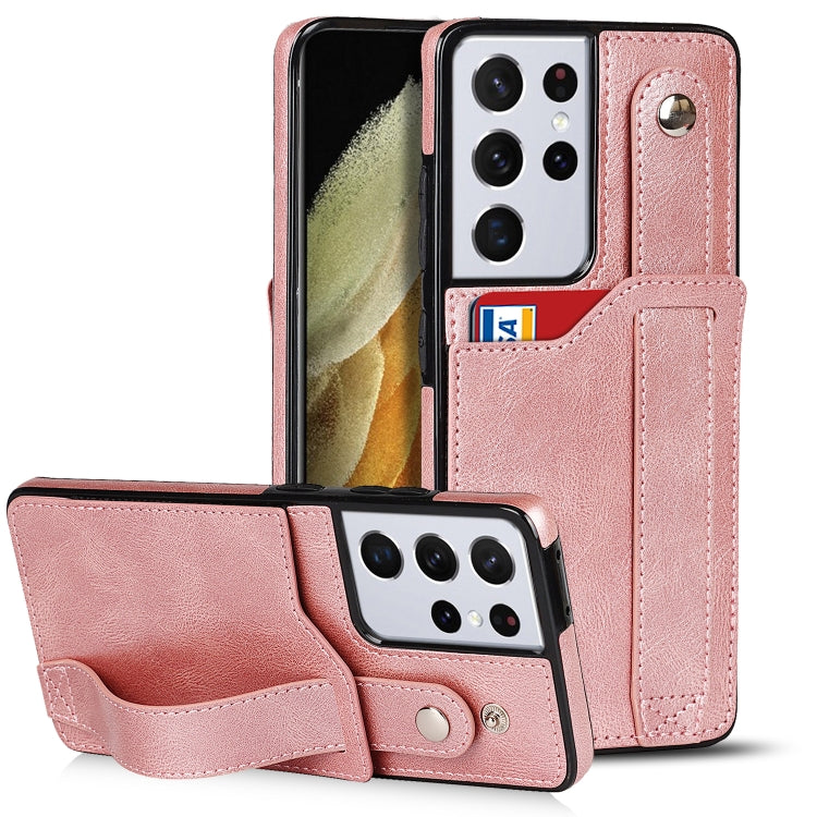 For Samsung Galaxy S21 Ultra 5G Crazy Horse Texture Shockproof TPU + PU Leather Case with Card Slot & Wrist Strap Holder