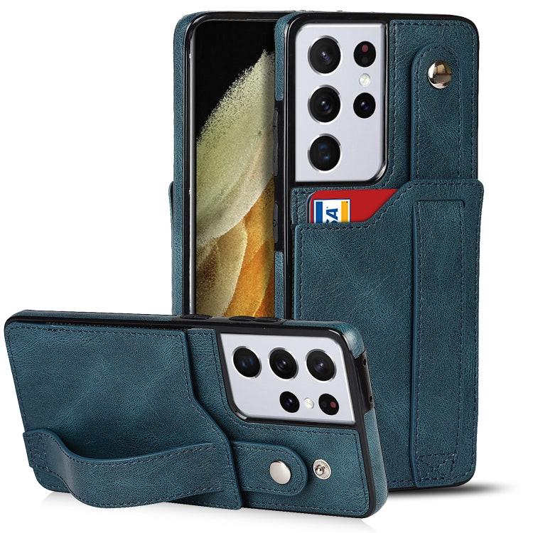 For Samsung Galaxy S21 Ultra 5G Crazy Horse Texture Shockproof TPU + PU Leather Case with Card Slot & Wrist Strap Holder