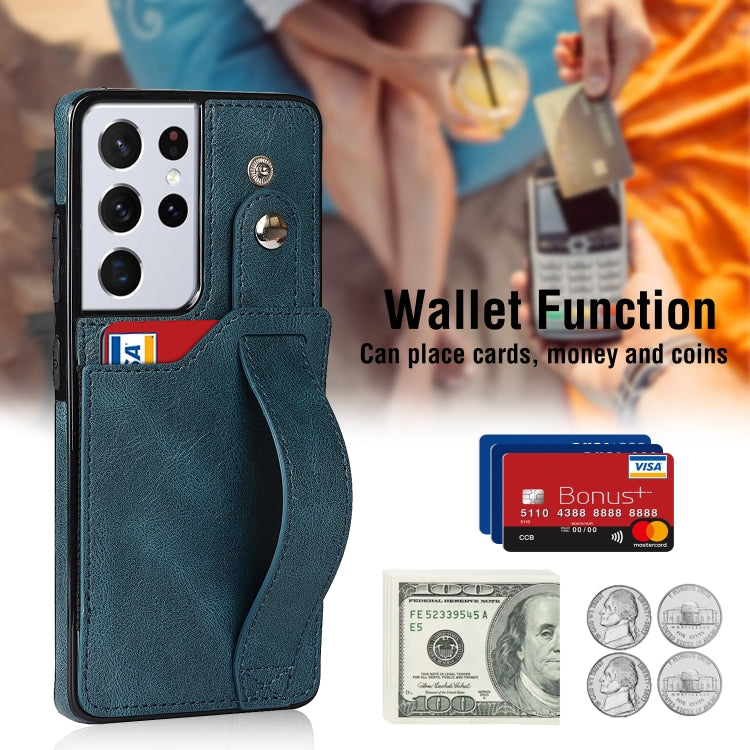 For Samsung Galaxy S21 Ultra 5G Crazy Horse Texture Shockproof TPU + PU Leather Case with Card Slot & Wrist Strap Holder