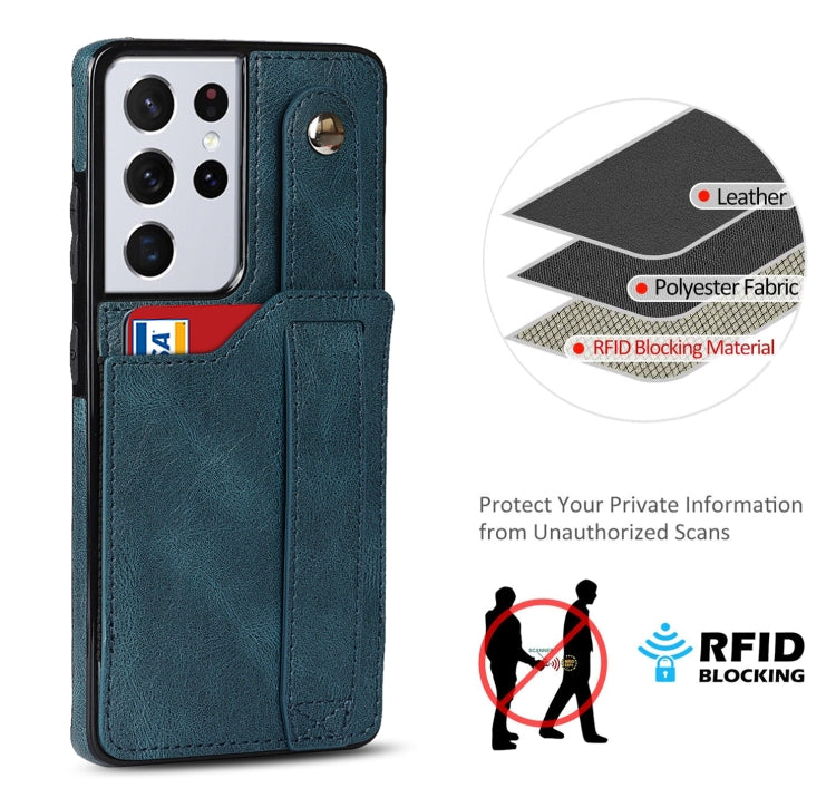 For Samsung Galaxy S21 Ultra 5G Crazy Horse Texture Shockproof TPU + PU Leather Case with Card Slot & Wrist Strap Holder