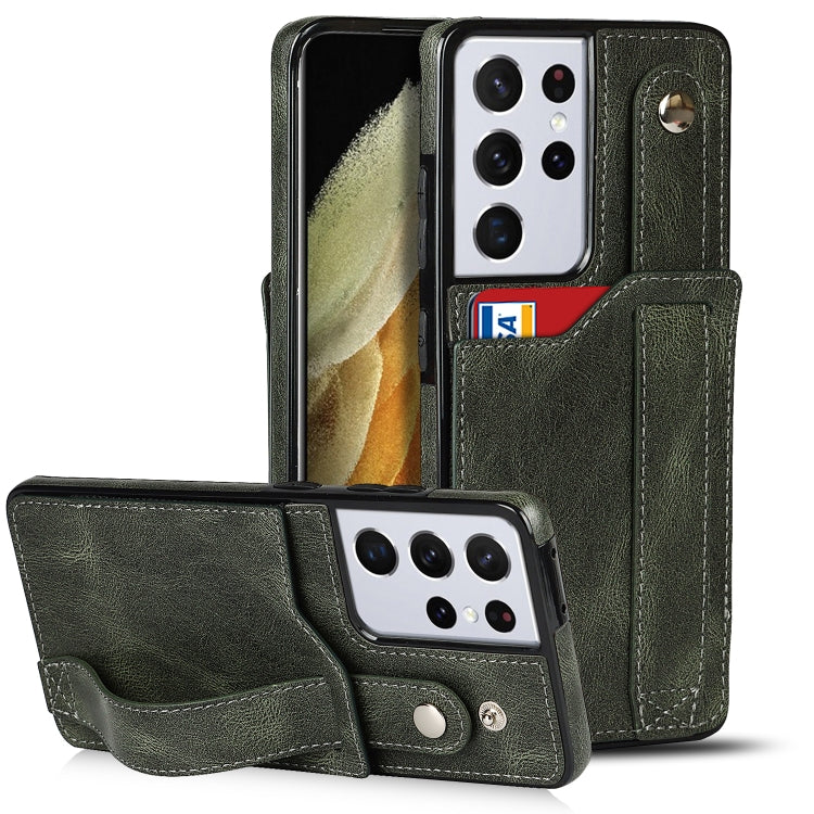 For Samsung Galaxy S21 Ultra 5G Crazy Horse Texture Shockproof TPU + PU Leather Case with Card Slot & Wrist Strap Holder