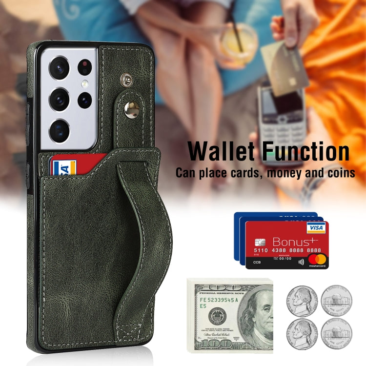 For Samsung Galaxy S21 Ultra 5G Crazy Horse Texture Shockproof TPU + PU Leather Case with Card Slot & Wrist Strap Holder