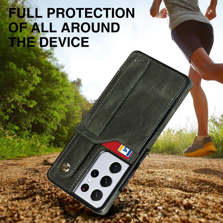 For Samsung Galaxy S21 Ultra 5G Crazy Horse Texture Shockproof TPU + PU Leather Case with Card Slot & Wrist Strap Holder
