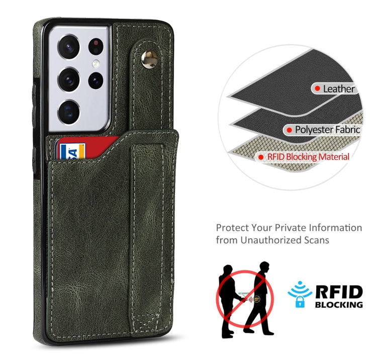 For Samsung Galaxy S21 Ultra 5G Crazy Horse Texture Shockproof TPU + PU Leather Case with Card Slot & Wrist Strap Holder