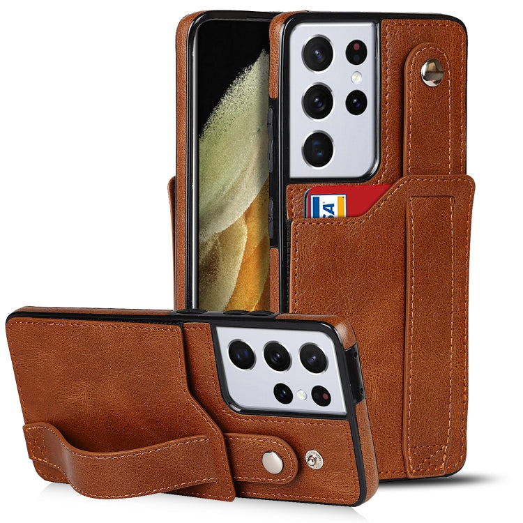 For Samsung Galaxy S21 Ultra 5G Crazy Horse Texture Shockproof TPU + PU Leather Case with Card Slot & Wrist Strap Holder