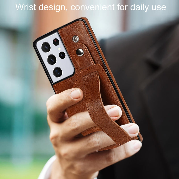For Samsung Galaxy S21 Ultra 5G Crazy Horse Texture Shockproof TPU + PU Leather Case with Card Slot & Wrist Strap Holder
