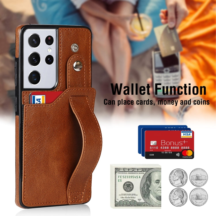 For Samsung Galaxy S21 Ultra 5G Crazy Horse Texture Shockproof TPU + PU Leather Case with Card Slot & Wrist Strap Holder