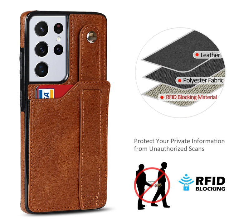 For Samsung Galaxy S21 Ultra 5G Crazy Horse Texture Shockproof TPU + PU Leather Case with Card Slot & Wrist Strap Holder