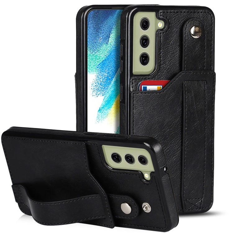 For Samsung Galaxy S21 FE Crazy Horse Texture Shockproof TPU + PU Leather Case with Card Slot & Wrist Strap Holder