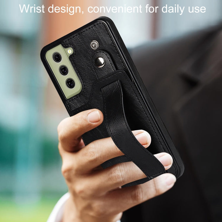 For Samsung Galaxy S21 FE Crazy Horse Texture Shockproof TPU + PU Leather Case with Card Slot & Wrist Strap Holder