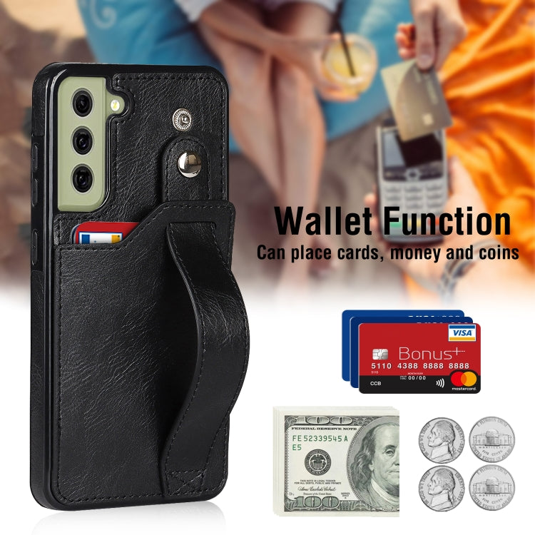 For Samsung Galaxy S21 FE Crazy Horse Texture Shockproof TPU + PU Leather Case with Card Slot & Wrist Strap Holder