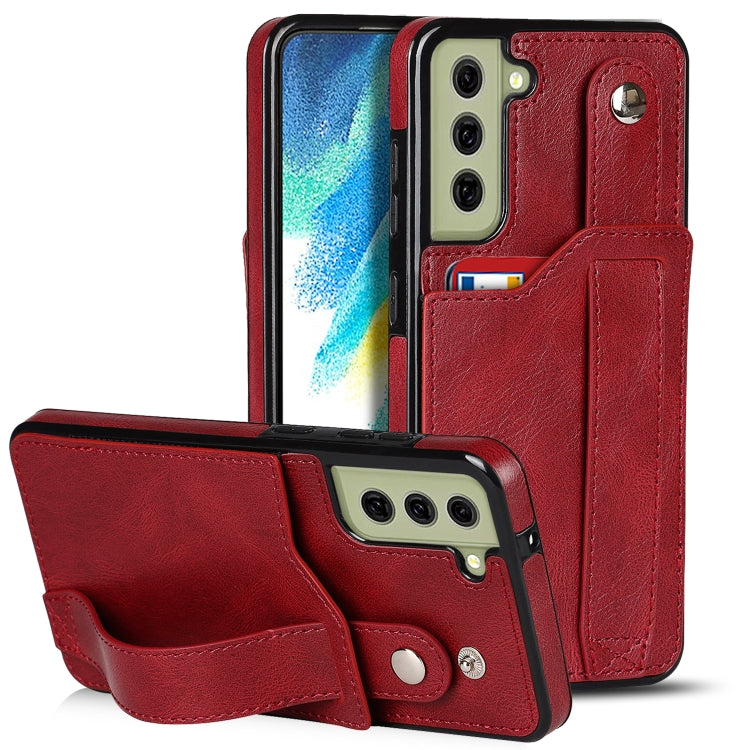 For Samsung Galaxy S21 FE Crazy Horse Texture Shockproof TPU + PU Leather Case with Card Slot & Wrist Strap Holder
