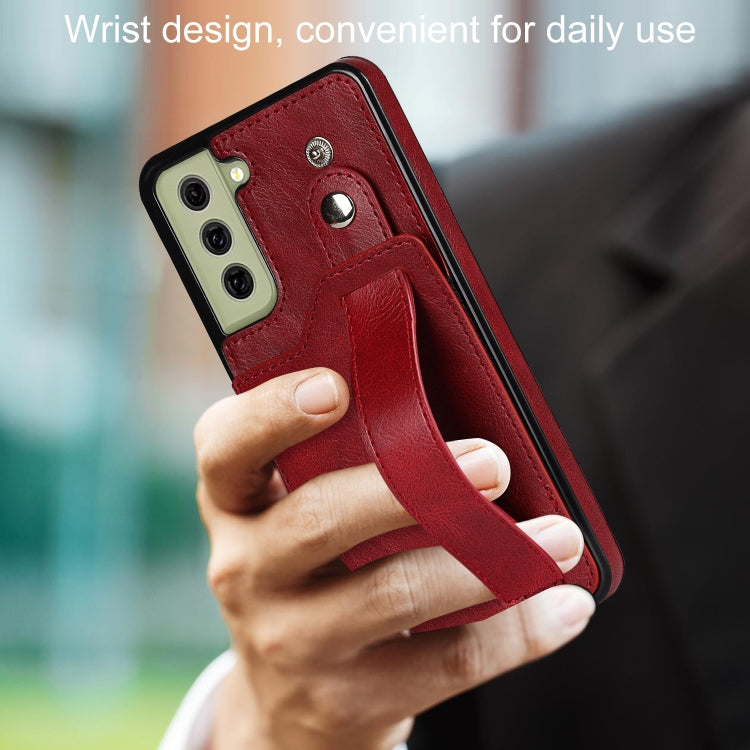 For Samsung Galaxy S21 FE Crazy Horse Texture Shockproof TPU + PU Leather Case with Card Slot & Wrist Strap Holder