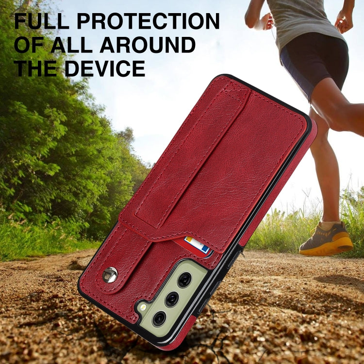 For Samsung Galaxy S21 FE Crazy Horse Texture Shockproof TPU + PU Leather Case with Card Slot & Wrist Strap Holder