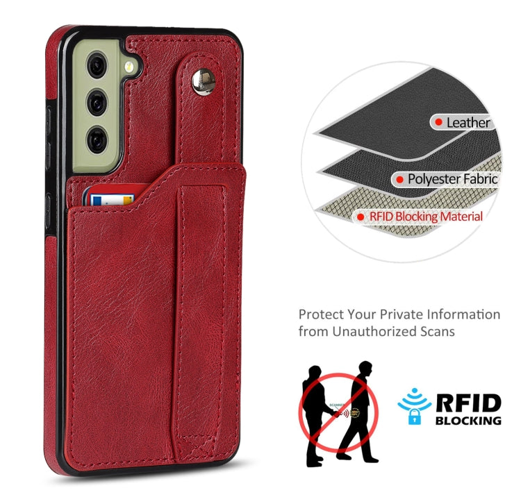 For Samsung Galaxy S21 FE Crazy Horse Texture Shockproof TPU + PU Leather Case with Card Slot & Wrist Strap Holder