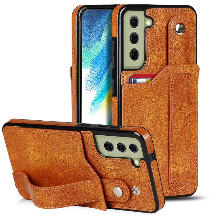 For Samsung Galaxy S21 FE Crazy Horse Texture Shockproof TPU + PU Leather Case with Card Slot & Wrist Strap Holder