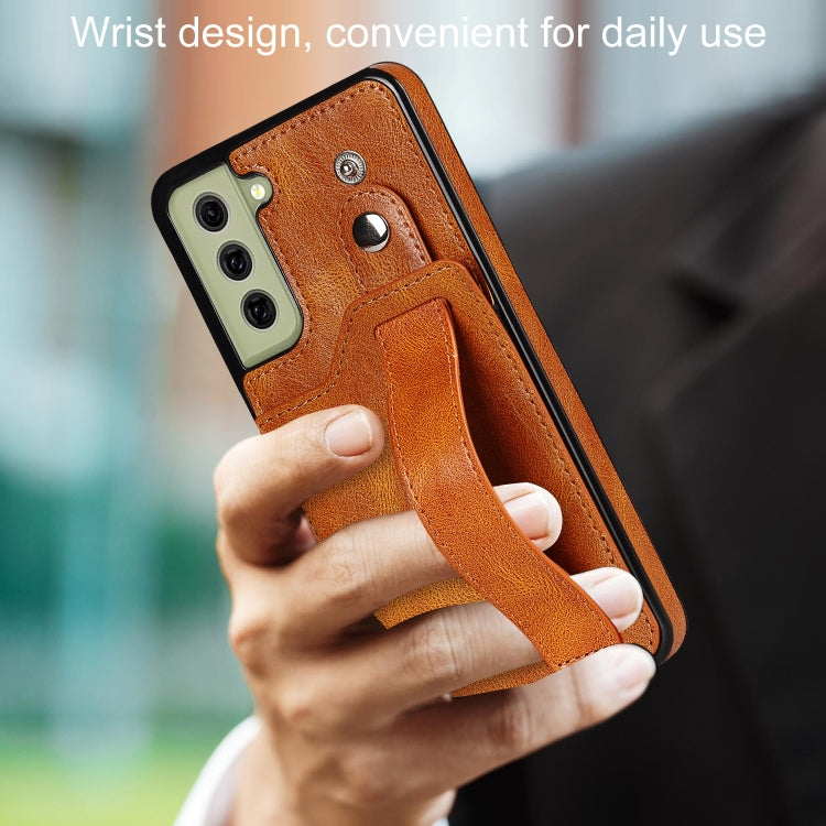 For Samsung Galaxy S21 FE Crazy Horse Texture Shockproof TPU + PU Leather Case with Card Slot & Wrist Strap Holder