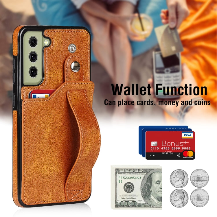 For Samsung Galaxy S21 FE Crazy Horse Texture Shockproof TPU + PU Leather Case with Card Slot & Wrist Strap Holder