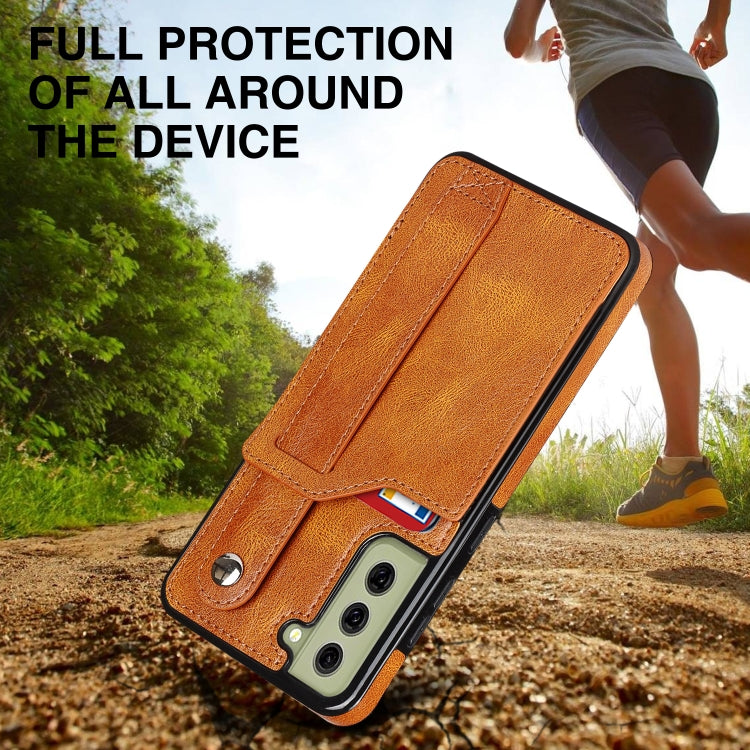 For Samsung Galaxy S21 FE Crazy Horse Texture Shockproof TPU + PU Leather Case with Card Slot & Wrist Strap Holder