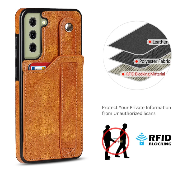 For Samsung Galaxy S21 FE Crazy Horse Texture Shockproof TPU + PU Leather Case with Card Slot & Wrist Strap Holder