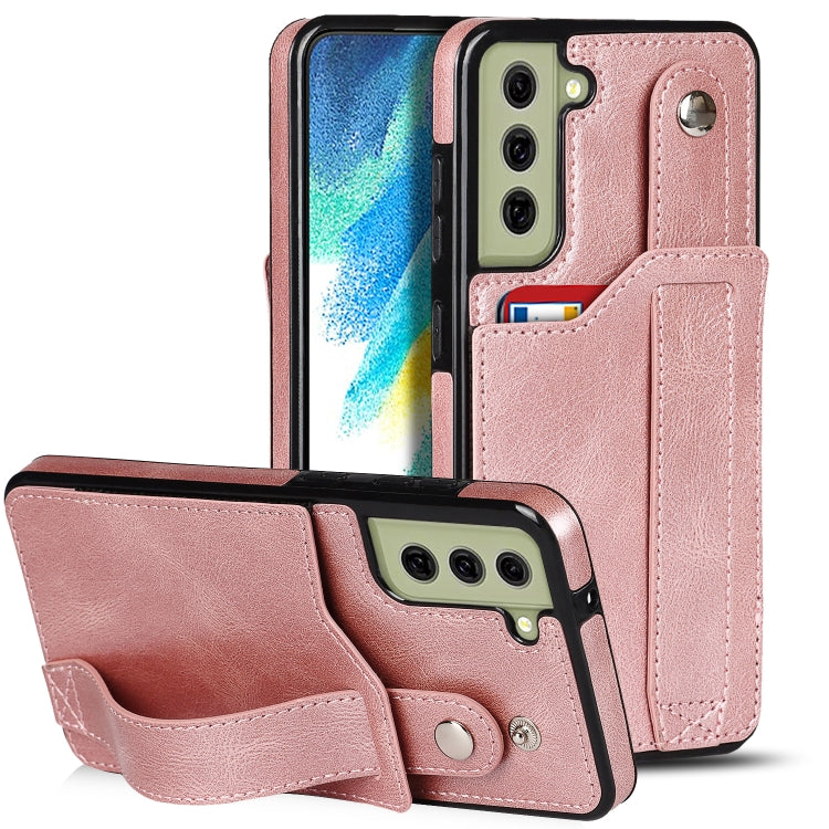 For Samsung Galaxy S21 FE Crazy Horse Texture Shockproof TPU + PU Leather Case with Card Slot & Wrist Strap Holder