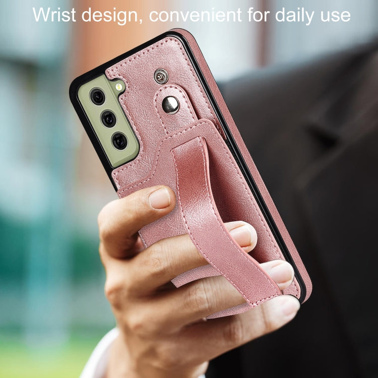 For Samsung Galaxy S21 FE Crazy Horse Texture Shockproof TPU + PU Leather Case with Card Slot & Wrist Strap Holder