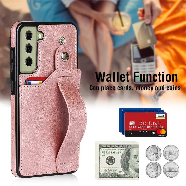 For Samsung Galaxy S21 FE Crazy Horse Texture Shockproof TPU + PU Leather Case with Card Slot & Wrist Strap Holder