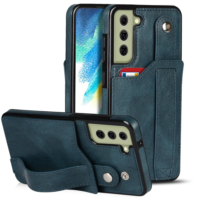 For Samsung Galaxy S21 FE Crazy Horse Texture Shockproof TPU + PU Leather Case with Card Slot & Wrist Strap Holder
