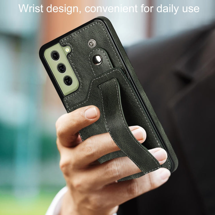 For Samsung Galaxy S21 FE Crazy Horse Texture Shockproof TPU + PU Leather Case with Card Slot & Wrist Strap Holder