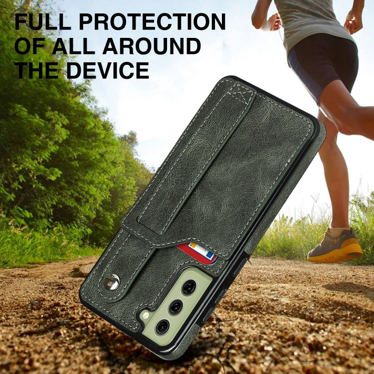 For Samsung Galaxy S21 FE Crazy Horse Texture Shockproof TPU + PU Leather Case with Card Slot & Wrist Strap Holder