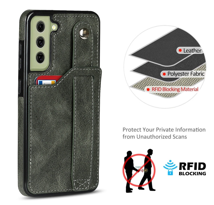 For Samsung Galaxy S21 FE Crazy Horse Texture Shockproof TPU + PU Leather Case with Card Slot & Wrist Strap Holder