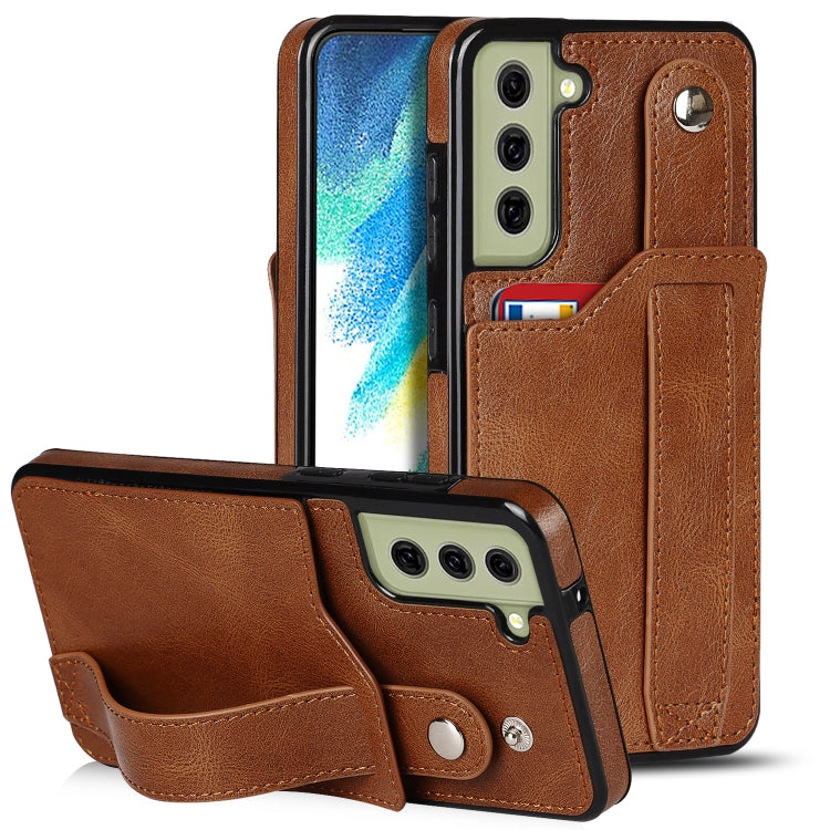 For Samsung Galaxy S21 FE Crazy Horse Texture Shockproof TPU + PU Leather Case with Card Slot & Wrist Strap Holder