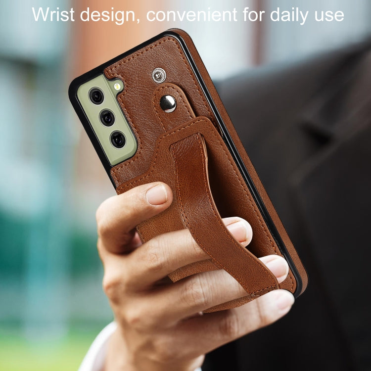 For Samsung Galaxy S21 FE Crazy Horse Texture Shockproof TPU + PU Leather Case with Card Slot & Wrist Strap Holder