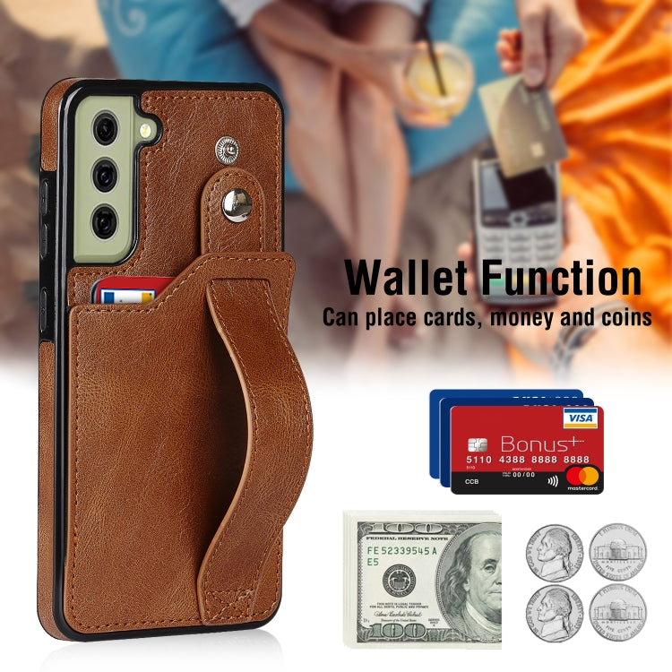 For Samsung Galaxy S21 FE Crazy Horse Texture Shockproof TPU + PU Leather Case with Card Slot & Wrist Strap Holder