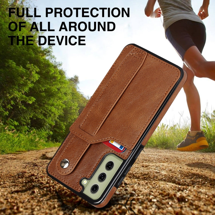 For Samsung Galaxy S21 FE Crazy Horse Texture Shockproof TPU + PU Leather Case with Card Slot & Wrist Strap Holder