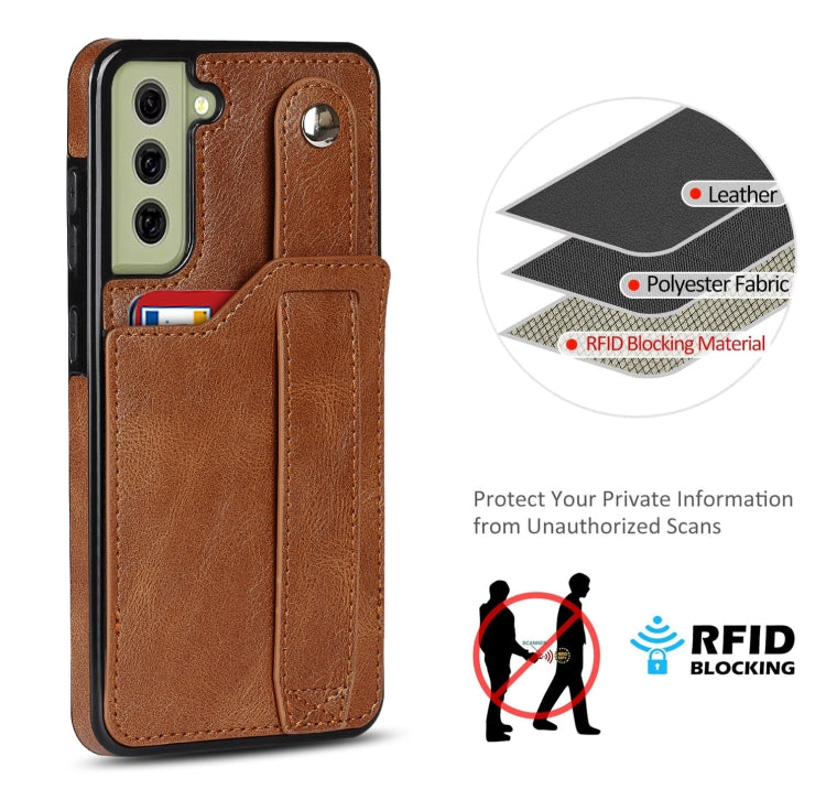For Samsung Galaxy S21 FE Crazy Horse Texture Shockproof TPU + PU Leather Case with Card Slot & Wrist Strap Holder