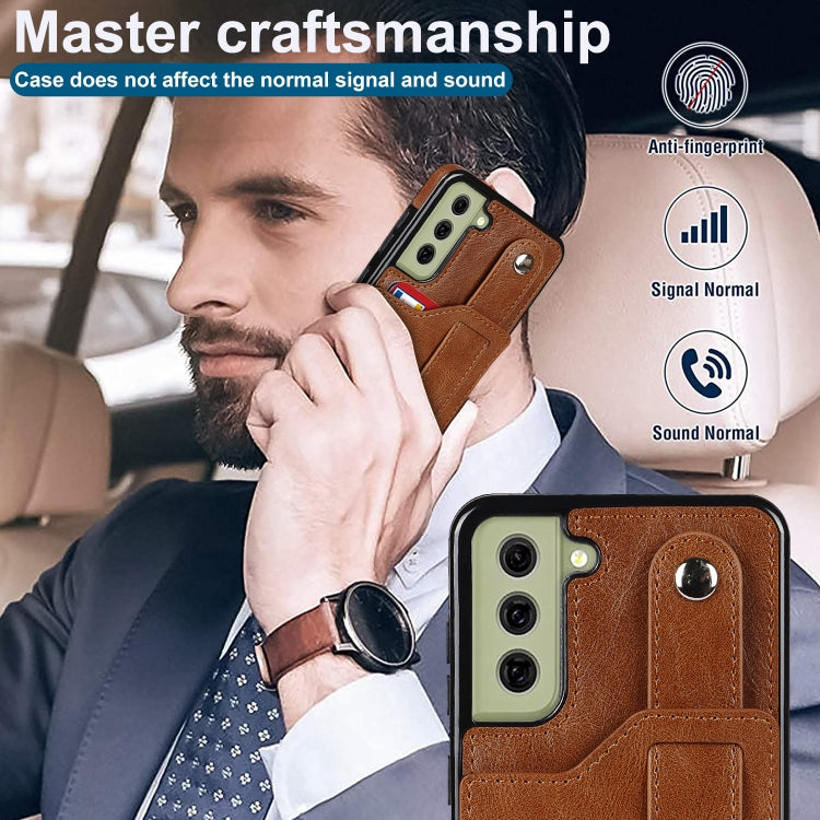 For Samsung Galaxy S21 FE Crazy Horse Texture Shockproof TPU + PU Leather Case with Card Slot & Wrist Strap Holder