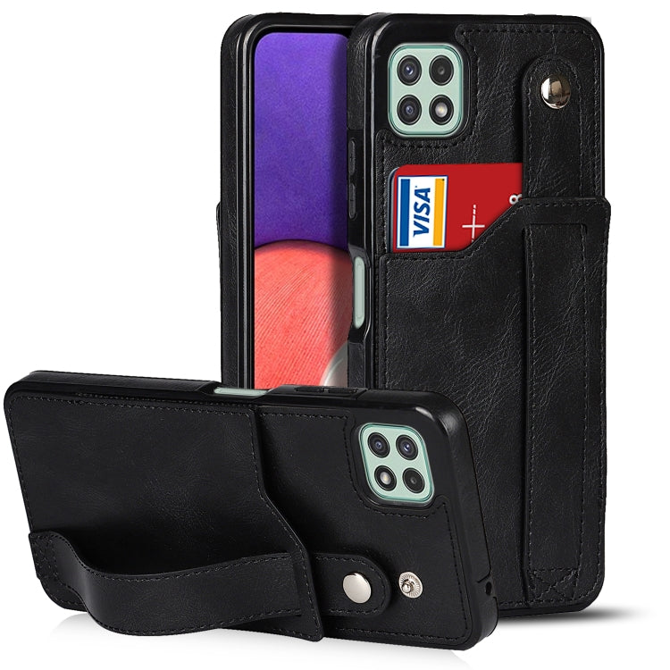 For Samsung Galaxy A22 5G Crazy Horse Texture Shockproof TPU + PU Leather Case with Card Slot & Wrist Strap Holder