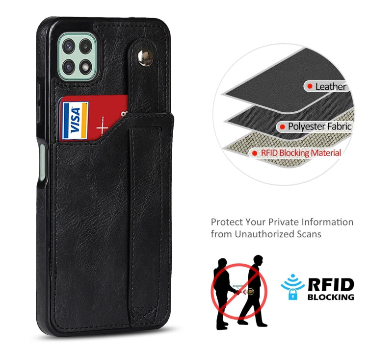 For Samsung Galaxy A22 5G Crazy Horse Texture Shockproof TPU + PU Leather Case with Card Slot & Wrist Strap Holder