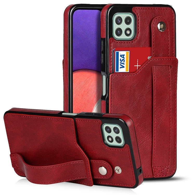 For Samsung Galaxy A22 5G Crazy Horse Texture Shockproof TPU + PU Leather Case with Card Slot & Wrist Strap Holder