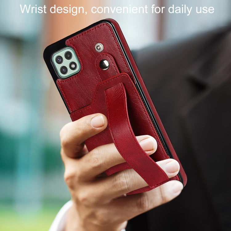 For Samsung Galaxy A22 5G Crazy Horse Texture Shockproof TPU + PU Leather Case with Card Slot & Wrist Strap Holder