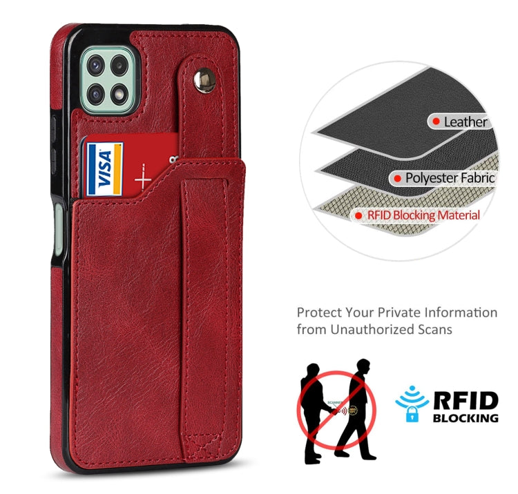 For Samsung Galaxy A22 5G Crazy Horse Texture Shockproof TPU + PU Leather Case with Card Slot & Wrist Strap Holder