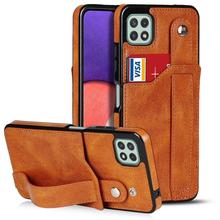 For Samsung Galaxy A22 5G Crazy Horse Texture Shockproof TPU + PU Leather Case with Card Slot & Wrist Strap Holder
