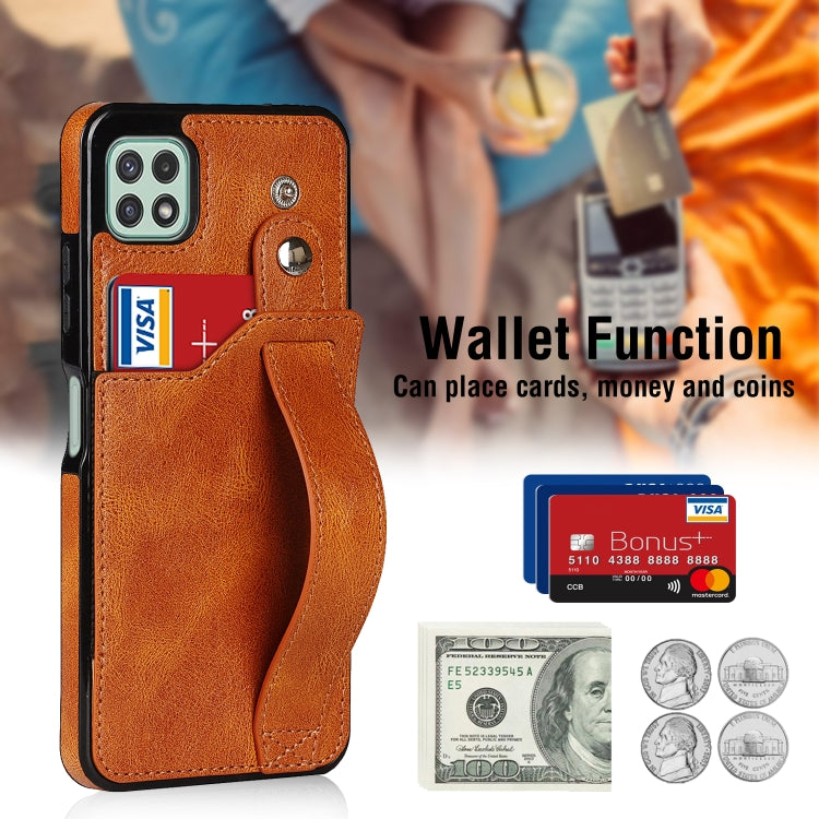 For Samsung Galaxy A22 5G Crazy Horse Texture Shockproof TPU + PU Leather Case with Card Slot & Wrist Strap Holder