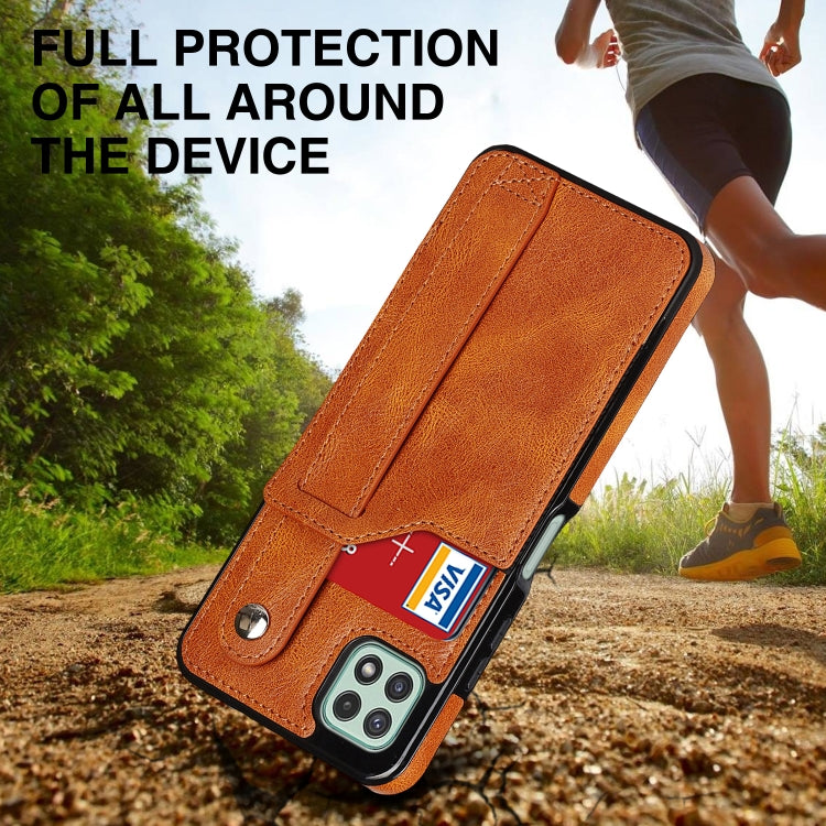 For Samsung Galaxy A22 5G Crazy Horse Texture Shockproof TPU + PU Leather Case with Card Slot & Wrist Strap Holder