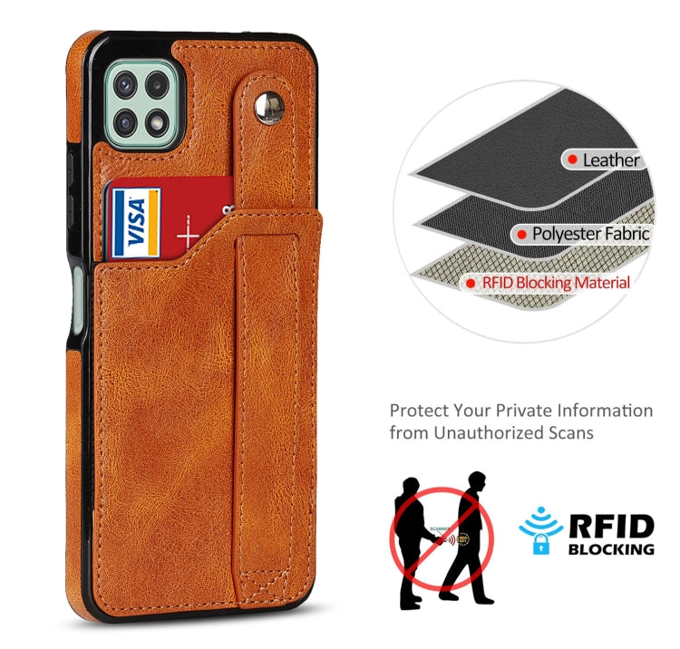 For Samsung Galaxy A22 5G Crazy Horse Texture Shockproof TPU + PU Leather Case with Card Slot & Wrist Strap Holder