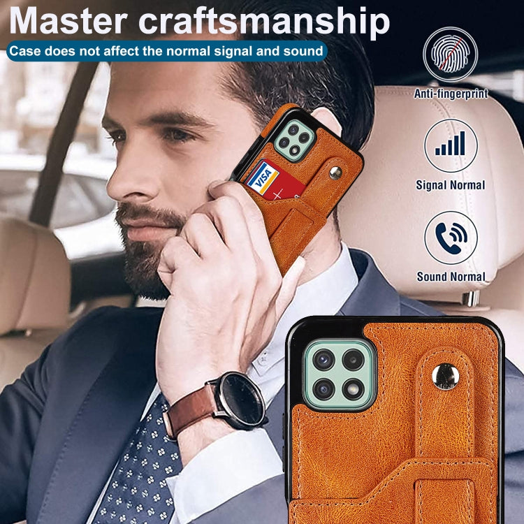 For Samsung Galaxy A22 5G Crazy Horse Texture Shockproof TPU + PU Leather Case with Card Slot & Wrist Strap Holder