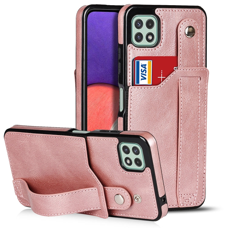 For Samsung Galaxy A22 5G Crazy Horse Texture Shockproof TPU + PU Leather Case with Card Slot & Wrist Strap Holder
