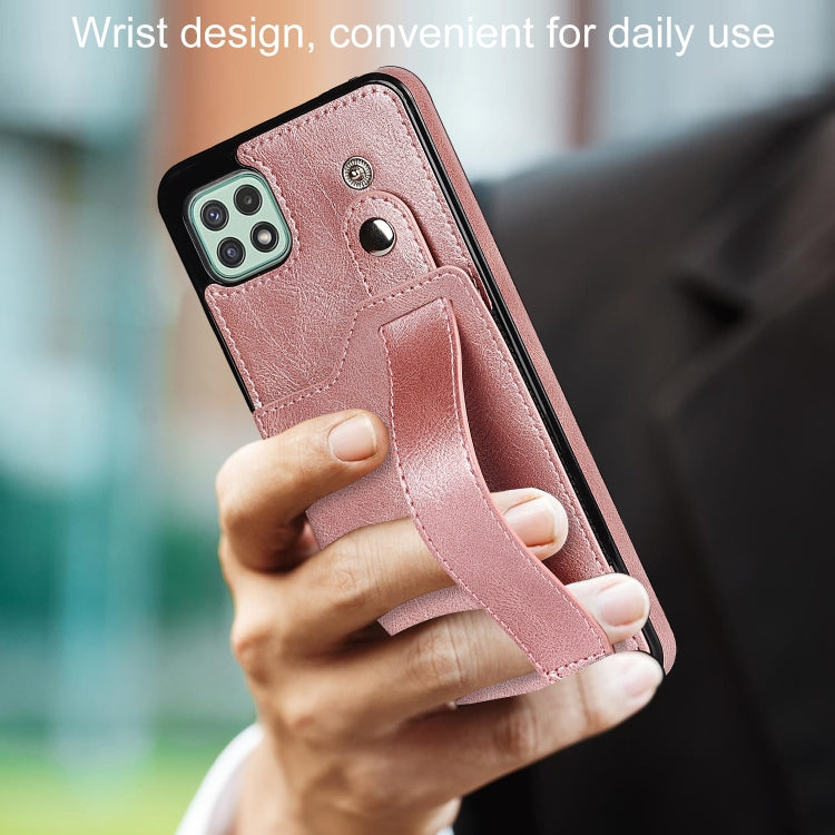 For Samsung Galaxy A22 5G Crazy Horse Texture Shockproof TPU + PU Leather Case with Card Slot & Wrist Strap Holder