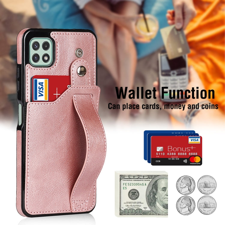 For Samsung Galaxy A22 5G Crazy Horse Texture Shockproof TPU + PU Leather Case with Card Slot & Wrist Strap Holder